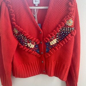 HUNTER BELL Red Embroidered Spencer sweater Cardigan m